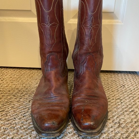 Vintage Acme Cowboy Boots Red Brown Cowgirl Western Point 8.5 Oxblood Leather - Picture 2 of 7